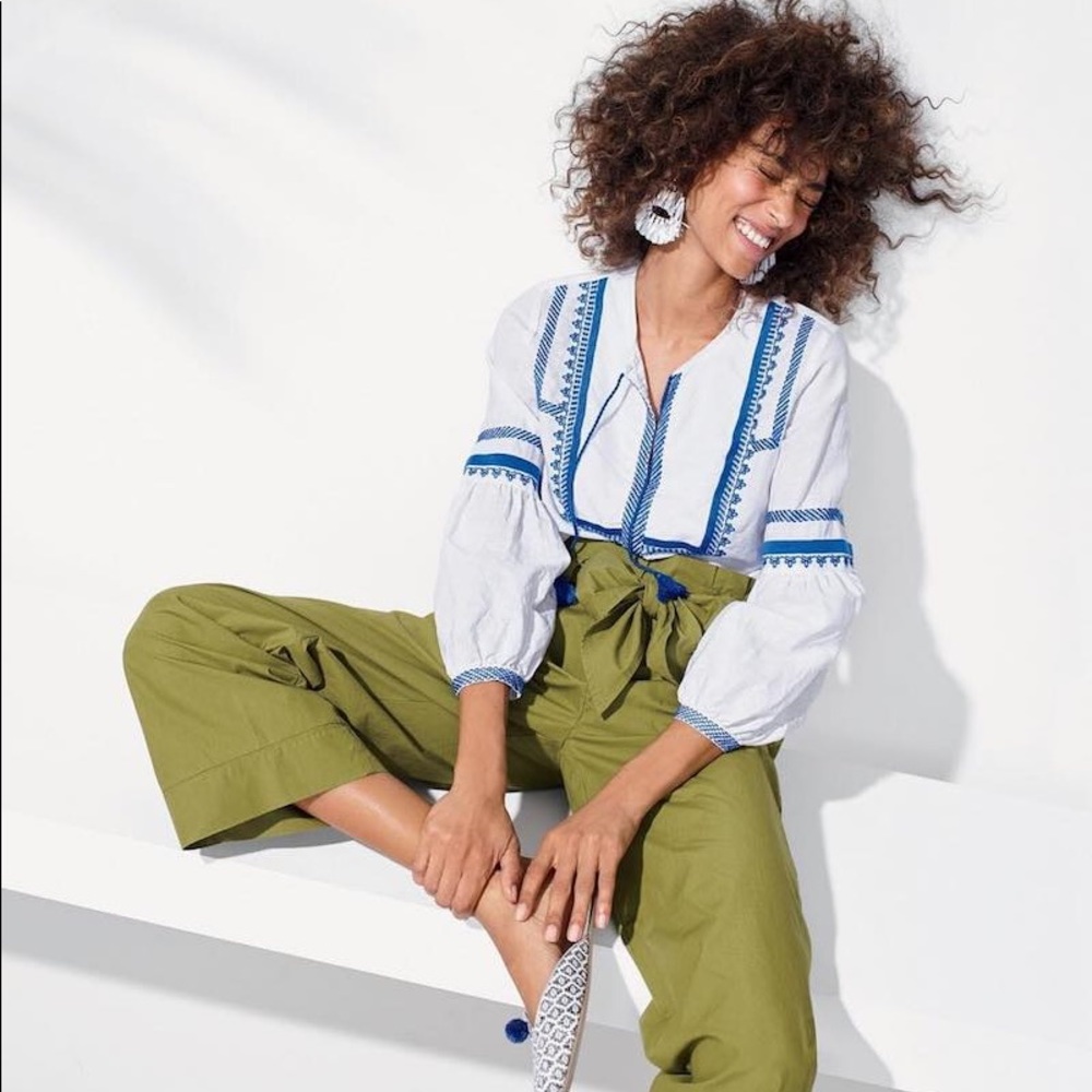 J. Crew White Blouse with Blue Embroidered Trim